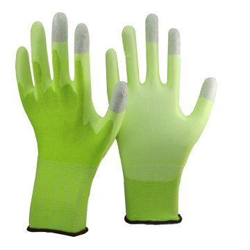 NMSAFETY 13 galgas tejidas hi-viz forro de nylon verde con revestimiento blanco pu en la palma y carbono gris en los tres dedos superiores guantes ESD